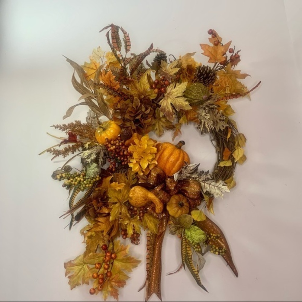 Elegant Fall Floral Metallic Hydrangea Pumpkin Door Wall Wreath Autumn Decor